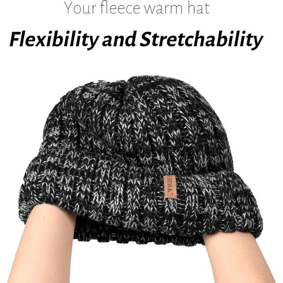 Women’s Mix Black Winter Fleece-Lined Chunky Knit Beanie Snow Hat Cap main image 5